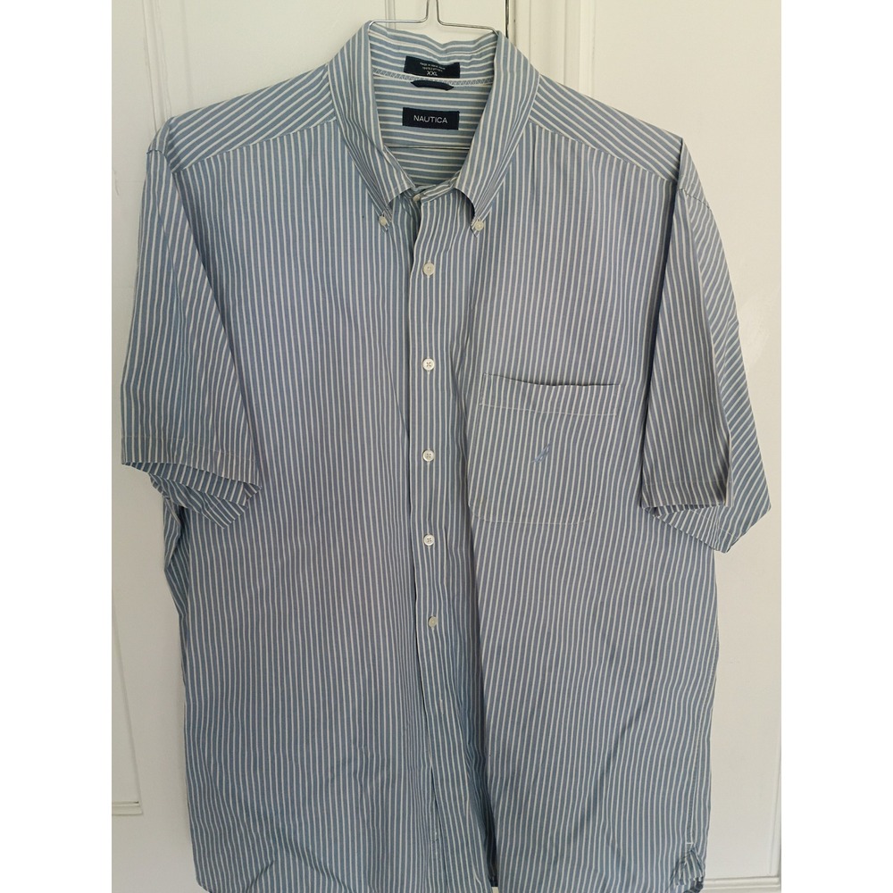 Nautica Mens XXL Blue White Striped Short Sleeve Button Down Cotton Shirt Top